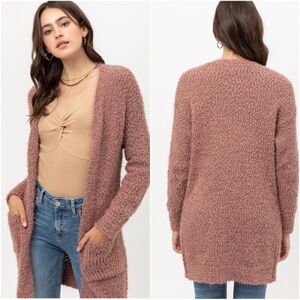 Love Tree Mauve Popcorn Knitted Open Cardigan
